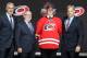 Jun 30, 2013; Newark, NJ, USA; Elias Lindholm poses for a photo with team officials after being introduced as the number five overall pick to the Carolina Hurricanes during the 2013 NHL Draft at the Prudential Center. Mandatory Credit: Ed Mulholland-USA TODAY Sports