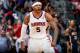 ATLANTA, GA - APRIL 29: Josh Smith #5 of the Atlanta Hawks reacts after a basket in the final minutes of their 102-91 win over the Indiana Pacers during Game Four of the Eastern Conference Quarterfinals of the 2013 NBA Playoffs at Philips Arena on April 29, 2013 in Atlanta, Georgia. NOTE TO USER: User expressly acknowledges and agrees that, by downloading and or using this photograph, User is consenting to the terms and conditions of the Getty Images License Agreement. (Photo by Kevin C. Cox/Getty Images)