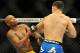 Jul 6, 2013; Las Vegas, NV, USA; Chris Weidman, blue shorts, defeated Anderson Silva (yellow shorts) in their Middleweight Chamionship Bout in the second round with a TKO at the MGM Grand Garden Arena. Mandatory Credit: Jayne Kamin-Oncea-USA TODAY Sports