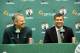 WALTHAM, MA - JULY 5: New Boston Celtics head coach Brad Stevens (R) is introduced to the media by President of Basketball Operations Danny Ainge July 5, 2013 in Waltham, Massachusetts. Stevens was hired away from Butler University where he led the Bulldogs to two back to back national championship game appearances in 2010, and 2011. (Photo by Darren McCollester/Getty Images)