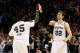 SAN ANTONIO, TX - JUNE 16: DeJuan Blair #45 and Tiago Splitter #22 of the San Antonio Spurs celebrate late in the fourth quarter whiel taking on the Miami Heat during Game Five of the 2013 NBA Finals at the AT&T Center on June 16, 2013 in San Antonio, Texas. NOTE TO USER: User expressly acknowledges and agrees that, by downloading and or using this photograph, User is consenting to the terms and conditions of the Getty Images License Agreement. (Photo by Kevin C. Cox/Getty Images)