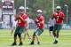 Jun 11, 2013; Florham Park, NJ, USA; New York Jets quarterback Mark Sanchez (6), New York Jets quarterback Greg McElroy (14) and New York Jets quarterback Geno Smith (7) during the New York Jets minicamp session at the Atlantic Health Jets Training Center. Mandatory Credit: Ed Mulholland-USA TODAY Sports