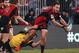 CHRISTCHURCH, NEW ZEALAND - JULY 12: Isreal Dagg of the Crusaders tackled by Ben May of the Hurricanes during the round 20 Super Rugby match between the Crusaders and the Hurricanes at AMI Stadium on July 12, 2013 in Christchurch, New Zealand. (Photo by Joseph Johnson/Getty Images)