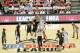 Jul 14, 2013; Las Vegas, NV, USA; Los Angeles Lakers center Robert Sacre and Portland Trailblazers center Meyers Leonard vie for the tip off at the start of an NBA Summer League game at the Thomas and Mack Center . Mandatory Credit: Stephen R. Sylvanie-USA TODAY Sports