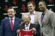 HOUSTON - JULY 13: Dwight Howard (R) poses with Houston Rockets owner Les Alexander (2L), Houston Rockets general manager Daryl Morey (L) and Houston Rockets head coach Kevin McHale after being introduced as the newest Houston Rocket at Toyota Center on July 13, 2013 in Houston, Texas. (Photo by Bob Levey/Getty Images)