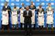 Jul 10, 2013; Playa Vista, CA, USA; L-R: Los Angeles Clippers head coach Doc Rivers (front) with Matt Barnes (22), Darren Collison (2), Jared Dudley (9), Ryan Hollins (15), Chris Paul (3) and J.J. Redick (4) during today's press conference at the team headquarters. Mandatory Credit: Jayne Kamin-Oncea-USA TODAY Sports