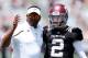 COLLEGE STATION, TX - APRIL 13: Head coach Kevin Sumlin of the Texas A&M Aggies chats with his quarterback Johnny Manziel #2 before the Maroon & White spring football game at Kyle Field on April 13, 2013 in College Station, Texas. (Photo by Scott Halleran/Getty Images)