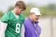 August 2, 2012; Baton Rouge, LA, USA; LSU Tigers head coach Les Miles talks with quarterback Zach Mettenberger (8) during the fall camp practice at the Charles McClendon Practice Facility. Mandatory Credit: Derick E. Hingle-USA TODAY Sports