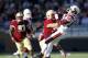 Nov 17, 2012; Chestnut Hill, Massachusetts, USA; Boston College Eagles line backer Nick Clancy (54) hits Virginia Tech Hokies wide receiver Demitri Knowles (80) and knocks the ball loose during the second quarter at Alumni Stadium. Mandatory Credit: Greg M. Cooper-USA TODAY Sports