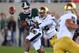 Sep 15, 2012; South Bend, IN, USA; Notre Dame Fighting Irish safety Elijah Shumate (22) breaks up a pass intended for Michigan State Spartans wide receiver Bennie Fowler (13) in the third quarter at Spartan Stadium. Notre Dame won 20-3. Mandatory Credit: Matt Cashore-USA TODAY Sports