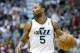 Apr 9, 2013; Salt Lake City, UT, USA; Utah Jazz point guard Mo Williams (5) controls the ball during the second half against the Oklahoma City Thunder at EnergySolutions Arena. The Thunder won 90-80. Mandatory Credit: Russ Isabella-USA TODAY Sports