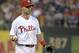 Jul 6, 2013; Philadelphia, PA, USA; Philadelphia Phillies third baseman Michael Young (10) during game against the Atlanta Braves at Citizens Bank Park. The Braves defeated the Phillies, 13-4. Mandatory Credit: Eric Hartline-USA TODAY Sports
