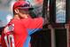 March 28, 2013; Clearwater, FL, USA; Philadelphia Phillies third baseman Michael Young (10) works out prior to the game against the Toronto Blue Jays at Bright House Networks Field. Mandatory Credit: Kim Klement-USA TODAY Sports