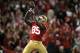 September 16, 2012; San Francisco, CA, USA; San Francisco 49ers tight end Vernon Davis (85) celebrates after scoring a touchdown against the Detroit Lions in the fourth quarter at Candlestick Park. The 49ers defeated the Lions 27-19. Mandatory Credit: Cary Edmondson-USA TODAY Sports