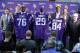 Apr 26, 2012; Eden Prairie, MN, USA; Minnesota Vikings co-owner Mark Wilf and general manager Rick Spielman and head coach Leslie Frazier and co-owner Zygi Wilf hold a press conference to introduce the 2013 1st round draft picks Sharrif Floyd (76) and Xavier Rhodes (29) and Cordarrelle Patterson (84) at Winter Park. Mandatory Credit: Bruce Kluckhohn-USA TODAY Sports