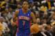 Jan 30, 2013; Indianapolis, IN, USA; Detroit Pistons point guard Brandon Knight (7) dribbles the ball against the Indiana Pacers during the second half at Bankers Life Fieldhouse. Indiana won 98-79. Mandatory Credit: Pat Lovell-USA TODAY Sports