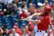 WASHINGTON, DC - JULY 28: Bryce Harper #34 of the Washington Nationals hits a two-run RBI single in the second inning during a game against the New York Mets at Nationals Park on July 28, 2013 in Washington, DC. (Photo by Patrick McDermott/Getty Images)