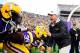 BATON ROUGE, LA - SEPTEMBER 29: Les Miles, head coach of the LSU Tigers brings his team on to the field for a game against the Towson Tigers at Tiger Stadium on September 29, 2012 in Baton Rouge, Louisiana. (Photo by Stacy Revere/Getty Images)