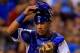 KANSAS CITY, MO - JULY 25: Salvador Perez #13 of the Kansas City Royals in action during the game against the Baltimore Orioles at Kauffman Stadium on July 25, 2013 in Kansas City, Missouri. (Photo by Jamie Squire/Getty Images)