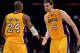 Apr 9, 2013; Los Angeles, CA, USA; Los Angeles Lakers power forward Pau Gasol (16) and shooting guard Kobe Bryant (24) in the second half against the New Orleans Hornets at the Staples Center. Lakers won 104-96. Mandatory Credit: Jayne Kamin-Oncea-USA TODAY Sports