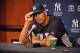 Aug 5, 2013; Chicago, IL, USA; New York Yankees third baseman Alex Rodriguez at a press conference before the game against the Chicago White Sox at US Cellular Field. Mandatory Credit: Rob Grabowski-USA TODAY Sports