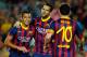 BARCELONA, SPAIN - AUGUST 02: Cesc Fabregas (C) of FC Barcelona celebrates with his team-mates Alexis Sanchez (L) and Lionel Messi after scoring his team's fifth goal during a friendly match between FC Barcelona and Santos at Nou Camp on August 2, 2013 in Barcelona, Spain. (Photo by David Ramos/Getty Images)