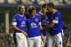 LIVERPOOL, ENGLAND - FEBRUARY 26: Leighton Baines of Everton celebrates with Leon Osman and team mates after scoring the second goal from the penalty spot during the FA Cup fifth round replay match between Everton and Oldham Athletic at Goodison Park on February 26, 2013 in Liverpool, England. (Photo by Alex Livesey/Getty Images)