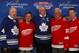 Feb. 9, 2012; Ann Arbor, MI, USA; National Hockey League alumni Red Kelly (left), Ted Lindsay, George Armstrong, Alex Delvecchio, and Kris Draper pose during an NHL press conference for the 2013 Winter Classic between Detroit Red Wings and Toronto Maple Leafs at Michigan Stadium. Mandatory Credit: Rick Osentoski-USA TODAY Sports