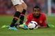 MANCHESTER, ENGLAND - AUGUST 09: Anderson of Manchester United keeps a close eye on the ball during the Rio Ferdinand Testimonial Match between Manchester United and Sevilla at Old Trafford on August 9, 2013 in Manchester, England. (Photo by Clive Brunskill/Getty Images)