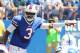 Aug 11, 2013; Indianapolis, IN, USA; Buffalo Bills quarterback EJ Manuel (3) gestures at the line of scrimmage during a game against the Indianapolis Colts at Lucas Oil Stadium. Mandatory Credit: Brian Spurlock-USA TODAY Sports