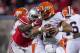 November 3, 2012; Columbus, OH, USA; Illinois Fighting Illini quarterback Nathan Scheelhaase (2) is sacked by Ohio State Buckeyes defensive lineman Adolphus Washington (92) at Ohio Stadium. Ohio State won the game 52-22. Mandatory Credit: Greg Bartram-USA TODAY Sports