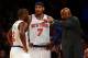 NEW YORK, NY - JANUARY 27: Head coach Mike Woodson talks with Raymond Felton #2 and Carmelo Anthony #7 of the New York Knicks during a time out against the Atlanta Hawks on January 27, 2013 at Madison Square Garden in New York City. The New York Knicks defeated the Atlanta Hawks 106-104. NOTE TO USER: User expressly acknowledges and agrees that, by downloading and/or using this photograph, user is consenting to the terms and conditions of the Getty Images License Agreement. (Photo by Elsa/Getty Images)