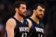 Mar. 1, 2012; Phoenix, AZ, USA; Minnesota Timberwolves forward (42) Kevin Love and center (14) Nikola Pekovic against the Phoenix Suns at the US Airways Center. The Suns defeated the Timberwolves 104-95. Mandatory Credit: Mark J. Rebilas-USA TODAY Sports