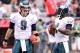 Sept. 23, 2012; Glendale, AZ, USA; Philadelphia Eagles quarterback Nick Foles (9) and quarterback Michael Vick (7) during the game against the Arizona Cardinals at University of Phoenix Stadium. The Cardinals defeated the Eagles 27 - 6. Mandatory Credit: Jennifer Stewart-USA TODAY Sports