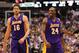 Feb 22, 2012; Dallas, TX, USA; Los Angeles Lakers guard Kobe Bryant (24) reacts to a play with forward Pau Gasol (16) in the second quarter against the Dallas Mavericks at American Airlines Center. Mandatory Credit: Matthew Emmons-USA TODAY Sports