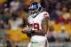 Aug 10, 2013; Pittsburgh, PA, USA; New York Giants defensive end Damontre Moore (79) is seen between plays against the Pittsburgh Steelers during the first half at Heinz Field. Mandatory Credit: Jason Bridge-USA TODAY Sports