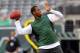 Aug 17, 2013; East Rutherford, NJ, USA; New York Jets quarterback Geno Smith (7) drops back to pass during warmups before a preseason game against the Jacksonville Jaguars at MetLife Stadium. Mandatory Credit: Brad Penner-USA TODAY Sports
