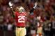 October 18, 2012; San Francisco, CA, USA; San Francisco 49ers cornerback Tarell Brown (25) celebrates after the Seahawks turned the ball over on downs in the fourth quarter at Candlestick Park. The 49ers defeated the Seahawks 13-6. Mandatory Credit: Cary Edmondson-USA TODAY Sports