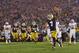 Oct. 13, 2012; South Bend, IN, USA; Notre Dame Fighting Irish wide receiver TJ Jones (7) celebrates after a touchdown catch in overtime against the Stanford Cardinal at Notre Dame Stadium. Notre Dame won 20-13. Mandatory Credit: Matt Cashore-USA TODAY Sports