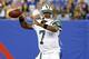 Aug 24, 2013; East Rutherford, NJ, USA; New York Jets quarterback Geno Smith (7) throws pass during the first half against the New York Giants at MetLife Stadium. Mandatory Credit: Jim O'Connor-USA TODAY Sports
