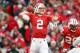 Oct 6, 2012; Madison, WI, USA; Wisconsin Badgers quarterback Joel Stave (2) throws during the second quarter against the Illinois Fighting Illini at Camp Randall Stadium. Mandatory Credit: Brace Hemmelgarn-USA TODAY Sports