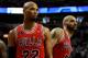 MIAMI, FL - MAY 22: (L-R) Taj Gibson #22 and Carlos Boozer #5 of the Chicago Bulls look on against the Miami Heat in Game Three of the Eastern Conference Finals during the 2011 NBA Playoffs on May 22, 2011 at American Airlines Arena in Miami, Florida. NOTE TO USER: User expressly acknowledges and agrees that, by downloading and or using this photograph, User is consenting to the terms and conditions of the Getty Images License Agreement. (Photo by Marc Serota/Getty Images)