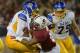 PALO ALTO, CA - AUGUST 31: David Fales #10 of San Jose State University gets sacked by Usua Amanam #15 of Stanford University in the second quarter during an NCAA football game at Stanford Stadium on August 31, 2012 in Palo Alto, California. (Photo by Thearon W. Henderson/Getty Images)