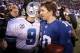 Jan 1, 2012; East Rutherford, NJ, USA; New York Giants quarterback Eli Manning (10) and Dallas Cowboys quarterback Tony Romo (9) meet on the field after their game at MetLife Stadium. Giants won 31-14. Mandatory Credit: Chris Faytok/The Star-Ledger via USA TODAY Sports