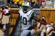 PITTSBURGH, PA - SEPTEMBER 16 : Santonio Holmes #10 of the New York Jets reacts after scoring a first quarter touchdown against the Pittsburgh Steelers on September 16, 2012 at Heinz Field in Pittsburgh, Pennsylvania. (Photo by Joe Sargent/Getty Images)