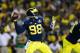 Sep 7, 2013; Ann Arbor, MI, USA; Michigan Wolverines quarterback Devin Gardner throws a pass during the first quarter against the Notre Dame Fighting Irish at Michigan Stadium. Mandatory Credit: Andrew Weber-USA TODAY Sports