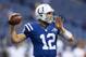 INDIANAPOLIS, IN - SEPTEMBER 08: Andrew Luck #12 of the Indianapolis Colts throws a pass before the NFL game against the Oakland Raiders at Lucas Oil Stadium on September 8, 2013 in Indianapolis, Indiana. (Photo by Andy Lyons/Getty Images)