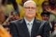 Apr 2, 2013; Los Angeles, CA, USA; Phil Jackson looks on as the jersey of Los Angeles Lakers former player Shaquille O'Neal (not pictured) is retired during a half time ceremony during the game against the Dallas Mavericks at the Staples Center. Mandatory Credit: Jayne Kamin-Oncea-USA TODAY Sports