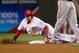 Sep 6, 2013; Cincinnati, OH, USA; Cincinnati Reds base runner Billy Hamilton (6) slides as he steals 2nd base during the bottom of the 8th inning of the game against the Los Angeles Dodgers at Great American Ball Park. Mandatory Credit: Rob Leifheit-USA TODAY Sports