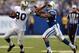 Sep 8, 2013; Indianapolis, IN, USA; Oakland Raiders receiver Rod Streater (80) is defended by Indianapolis Colts linebacker Jerrell Freeman (50) at Lucas Oil Stadium. The Colts defeated the Raiders 21-17. Mandatory Credit: Kirby Lee-USA TODAY Sports